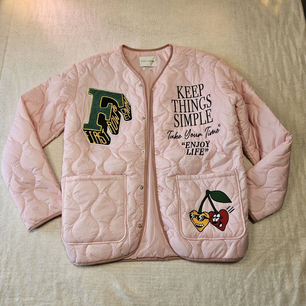 First Row Women's Quilted Pink Snap Jacket Embroidered Graphic Maximalist Size S